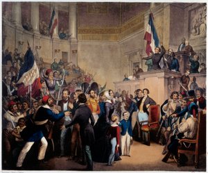 ثورة 1848. ظهور دوقة أورليانز في مجلس النواب (الجمعية الوطنية) مع أطفالها للحصول على وصاية (24 فبراير) بواسطة المدرسة الفرنسية