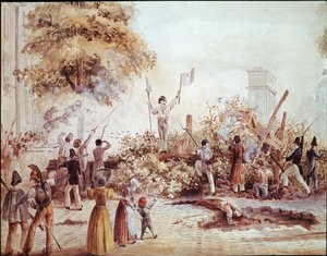 ثورة يوليو في باريس - الحاجز في شارع سانت مارتن في الأول من أغسطس (ألوان مائية ، 1830) بواسطة المدرسة الفرنسية