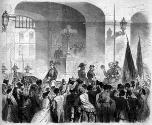 Risorgimento ، نابولي ، 7 نوفمبر 1860: دخول فيكتور عمانويل الثاني (فيكتور إيمانويل) (فيتوريو إيمانويل) (1820-1878) ، ملك إيطاليا ، إلى القصر الملكي في نابولي بعد تصويت السكان بقبول انضمام نابولي إلى مملكة ايطاليا بواسطة المدرسة الفرنسية