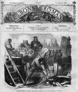 المسلسل الروماني: "" نوتردام دي باريس "لفيكتور هوغو (1802-1885). رجل يستنزف امرأتين على الرصيف. نقش في "" Les bons romances "" بواسطة المدرسة الفرنسية