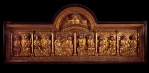 الفن الرومانسكي: مذبح Pentecote: مضاد في الخشب والنحاس والمينا. من Stavelot (Meuse) حوالي 1160-1170. باريس ، المتحف الوطني للعصور الوسطى ، Thermes de Cluny بواسطة المدرسة الفرنسية