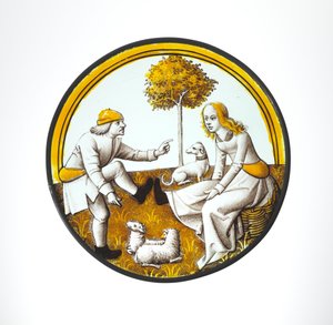Roundel مع زوجين يلعبان في Quintain ، حوالي 1500 (زجاج وطلاء زجاجي وصبغة فضية) بواسطة المدرسة الفرنسية