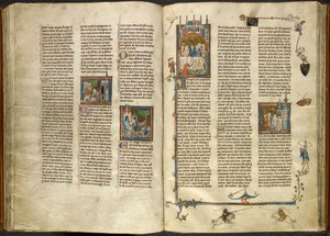 Royal 14 E. III، ff.88v-89 لانسلوت يزيل رأس جده المقطوع ، الملك ، من بئر يغلي ؛ انهيار مبنى على فرسان. على اليمين ، صورة مصغرة لـ Arthur و Guinevere جالسين في مأدبة ، من Estoire del Saint Graal ، بواسطة المدرسة الفرنسية