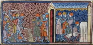 Royal 16 G. VI، f.185v غارة منصور قرطبة ، رسم توضيحي من "Chroniques de France ou de Saint Denis" (رق) بواسطة المدرسة الفرنسية