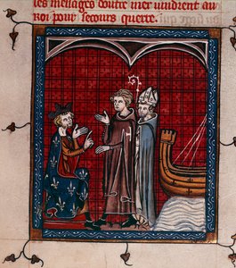 Royal 16 G. VI، f.337 الملك فيليب الثاني والبطريرك ، رسم توضيحي من "Chroniques de France ou de Saint Denis" (رق) بواسطة المدرسة الفرنسية