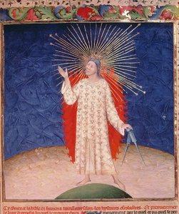 Royal 19 D III ، f.3: الله محاط بالنار بزوج من البوصلات ، من الكتاب المقدس Historiale بواسطة Guyart des Moulins ، حوالي 1411 (ورق) بواسطة المدرسة الفرنسية