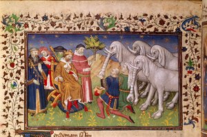Royal 20 B. XX ، الصفحة 82v ، ألكساندر يُمنح الأفيال البيضاء ، من "La Vraye Histoire du Bon Roy Alixandre" (رق) بواسطة المدرسة الفرنسية