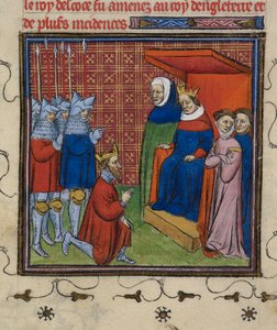 Royal 20 C.V11 John Baliol قبل إدوارد الأول ، رسم توضيحي من "Chroniques de France ou de St. Denis" بواسطة المدرسة الفرنسية