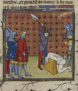 Royal 20 C. VII f.134v قادة انتفاضة Jacquerie ضد النبلاء الفرنسيين بقطع رأسهم بأمر من ملك Navarre ، من "Chroniques de France ou de St Denis" (الحبر واللون والذهب على ورق) بواسطة المدرسة الفرنسية
