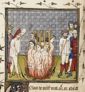 Royal 20 C. VII، f.44v Burning of Templars، illustration from "Chroniques de France ou de St. Denis" (vellum) بواسطة المدرسة الفرنسية