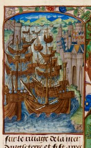 Royal 20 E. III ، fol.186v الأسطول الفرنسي هاجم في Sluys ، من 