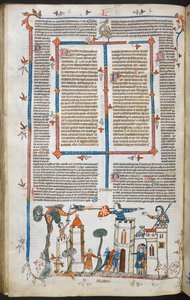 Royal MS 10 E IV f.88v ، مشهد من أسفل الصفحة لتنين يهاجم قلعة ، حوالي 1300-40 (قلم وحبر وتمبرا على رق) بواسطة المدرسة الفرنسية