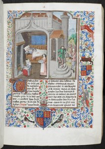 Royal MS 15 D I f.18r نساء يعتنين برجل مريض ، "Guyart des Moulins ، La Bible historyiale" ، حوالي 1470-1479 (حبر ولون وذهب على رق) بواسطة المدرسة الفرنسية