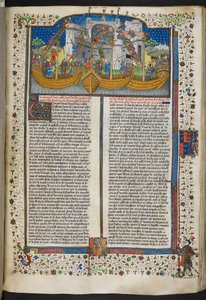 Royal MS 15 E VI، f.207 صورة مصغرة للسفن التي تحاصر كورونا ، من "قصائد ورومانسية" أو "كتاب تالبوت شروزبري" بواسطة المدرسة الفرنسية