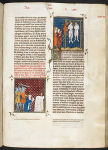 Royal MS 16 G. VI ، f.306r ، قتل تشارلز ، كونت فلاندرز شنق (لويس السادس ، الكتاب 20) ، من Les Grandes Chroniques de France بواسطة المدرسة الفرنسية
