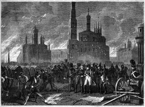 حملة روسيا 1812 - الجنرال جان أمبرواز باستون دي لاريبوازير يحث نابليون على مغادرة الكرملين بسبب خطر الانفجار - حريق موسكو في عام 1812 - أجبر الجنرال لاريبوازير نابليون على مغادرة الكرملين ، مهددًا بانفجار هائل - بواسطة المدرسة الفرنسية