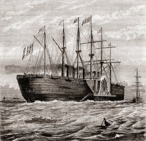 SS Great Eastern ، سفينة بخارية إبحار حديدية من تصميم Isambard Kingdom Brunel ، من Les Merveilles de la Science ، تم نشرها حوالي عام 1870 (نقش) بواسطة المدرسة الفرنسية
