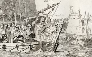 يقود سانت لويس التاسع (1214-70) قواته في المعركة ، من "هيستوار دي فرانس" بقلم كولارت ، نُشر عام 1840 بواسطة المدرسة الفرنسية