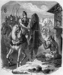 Saint Martin de Tours (Saint-Martin-de-Tours, v. 316-397) making two pieces of his coat to give it to a poor man. Engraving in “Histoire des Papes-Rois-Queen and Empereurs a travers les centuries”” by Maurice Lachatre بواسطة المدرسة الفرنسية