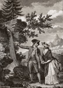 نقش سانت بريوكس وجولي عام 1793 لـ "Julie ou la nouvelle Heloise" للفيلسوف السويسري جان جاك (جان جاك) روسو (1712-1778) - جولي وسانت بريوكس ، رسم توضيحي من "La Nouvelle Heloise" بقلم جان جاك روسو (1712-78) (نقش) بواسطة المدرسة الفرنسية