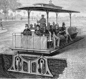 San Francisco funicular tramway with invisible wheels - in “” The new conquests of science”” by Louis Figuier بواسطة المدرسة الفرنسية