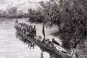 Savorgnan of Brazza في زورق في pandanus في غرب إفريقيا - في "" Tour du Monde "، الأسبوع الثاني 1887 بواسطة المدرسة الفرنسية