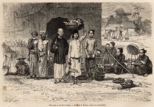 مشهد دو مارش دي سايجون ، نقش بعد رسم دي ميلارد ، يوضح الرحلة إلى كوتشينشين ، للدكتور موريس ، في عام 1872 ، نُشر في "" Le tour du monde "" 1875 ، حرره إدوارد شارتون ، طبعة Hachette ، باريس. مجموعة سيلفا. بواسطة المدرسة الفرنسية