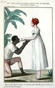 مشهد من أوبرا "Paul et Virginie" يظهر مادموزيل ألكسندرين سانت أوبين في دور "فيرجيني" ، حوالي 1820-30 (نقش ملون) بواسطة المدرسة الفرنسية