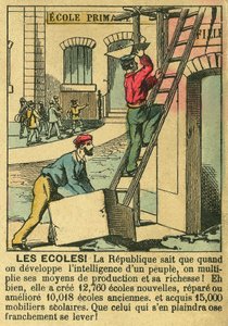 المدارس ، توضح فوائد الجمهورية الثالثة لتطوير التعليم في المدارس. نقش في "" Le Figaro ، ملحق "، 30/03/1889 ، باريس. كول. سيلفا. بواسطة المدرسة الفرنسية