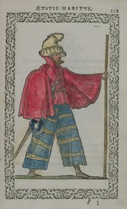 رجل اسكتلندي يرتدي زيًا محليًا ، من Costumes du Monde ، نُشر في أنتويرب ، 1572 (نقش الخشب الملون) بواسطة المدرسة الفرنسية
