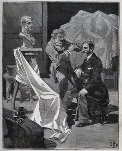 النحت ، ورشة عمل نحات ، بؤرة ونحت تمثال نصفي. نقش من عام 1880 في "" Les Arts et metiers Illustres "" لأدولف بيتارد. بواسطة المدرسة الفرنسية