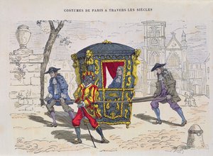 كرسي سيدان في القرن السادس عشر ، من Costumes de Paris a Travers les Siecles ، تم نشره عام 1887 (نقش الألوان) بواسطة المدرسة الفرنسية