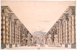 تعيين تصميم لمسرحية غير محددة ، مأخوذة من مجموعة بعنوان Menus Plaisirs du Roi (قلم وحبر وألوان مائية على ورق) بواسطة المدرسة الفرنسية
