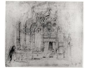 تعيين التصميم لأول إنتاج لـ Angelo ، tyran de Padoue بواسطة Victor Hugo (1802-85) ، 1835 (قلم وحبر على ورق) بواسطة المدرسة الفرنسية