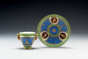 سيفرس بلو سيليست وكأس وصحن بمقبضين أخضر شاحب ، 1790 بواسطة المدرسة الفرنسية