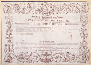 شهادة أسهم بقيمة 500 فرنك للبازار بوني نوفيل 1836 بواسطة المدرسة الفرنسية