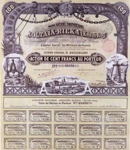 شهادة مساهمة بقيمة 100 فرنك لشركة التعدين الفرنسية الروسية Joltaia-Rieka ، 1899 بواسطة المدرسة الفرنسية