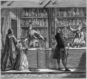 محل لفخار من الصفيح في القرن الثامن عشر. نقش في "La Marine et les Colonies: Commerce" بواسطة المدرسة الفرنسية