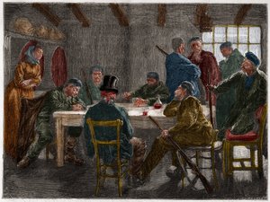 المافيا الصقلية في القرن التاسع عشر: استجواب مالك أرض ألغته المافيا الصقلية عام 1873. نقش من عام 1873. بواسطة المدرسة الفرنسية