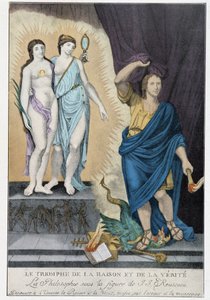 Siecle des Lumieres: "" انتصار العقل والحقيقة ": تحت شخصية جان جاك روسو ، تكتشف الفلسفة للكون العقل والحقيقة ، محجوبًا بالخطأ والكذب يمثله تنين وصفات البابوية التي يصيح بها في تي بواسطة المدرسة الفرنسية