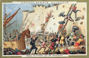 حصار باريس من قبل النورمان في القرن التاسع ، الإعلان عن Chocolaterie Saintoin ، c.1900