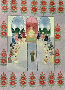سندباد بحار يستقبل سندباد العتال ، رسم توضيحي لسندباد بحار ، من الليالي العربية ، 1895 (نقش ملون) بواسطة المدرسة الفرنسية