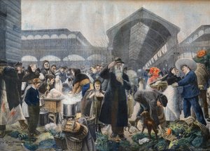 موقف حساء في سوق Les Halles في الصباح ، رسم توضيحي من Le petit Journal ، 2 مارس 1897 - la soup aux Halles le matin في باريس - نقش من قبل Fortune-Louis Meaulle على اسم Jean Jacques Rousseau (1861-1911) بواسطة المدرسة الفرنسية