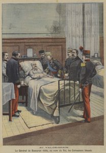 الجنرال الإسباني خوسيه دي باسكاران يزور Cuirassiers الجرحى باسم الملك ألفونسو الثالث عشر في مستشفى Val-de-Grace العسكري في باريس (color litho) بواسطة المدرسة الفرنسية