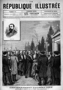 خطاب ليون غامبيتا (1838-1882) في دفن النائب ألبرت جولي (1844-1880) في مقبرة فرساي. جريدة. نقش من عام 1880 في المجموعة الخاصة "La republique illustree". بواسطة المدرسة الفرنسية