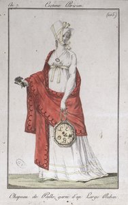 قبعة من القش بشريط ، لوحة أزياء من Costumes Parisiens ، 1799 بواسطة المدرسة الفرنسية