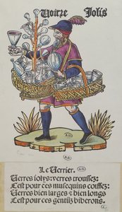 الباعة المتجولين يبيع الأواني الزجاجية ، من Cris de Paris ، c.1515 (نقش الخشب الملون) بواسطة المدرسة الفرنسية