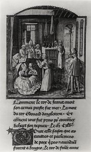 T.2 صفحة 111 موت إدوارد الثالث ، ملك إنجلترا في قلعة Shene Castle ، من Froissart's Chronicle ، أواخر القرن الخامس عشر (رق) (b / w photo) بواسطة المدرسة الفرنسية