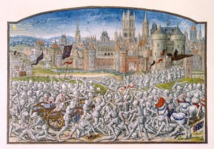 T.2 fol.287 انتصار سكان غينت بقيادة فيليب فان أرتفيلدي قبل بروج عام 1381 ، من Froissarts Chronicle ، 1472 بواسطة المدرسة الفرنسية