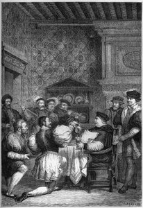 تم تقديم توماس كاردينال وولسي (1475؟ -1530) في طاولة من قبل NOBLES AND GENTLEMEN - تم تقديم توماس ولسي (1475؟ -1530) على ركبتيه من قبل رجاله من أعلى الرتب - نقش في "L'Histoire d'Angleterre، depuis les temps plus recules "بقلم فرانسوا جيزو بواسطة المدرسة الفرنسية